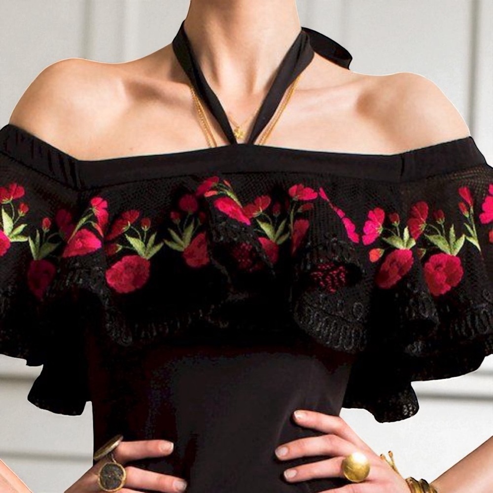 TEMPERLEY LONDON Lyra Off Shoulder Black Floral Embroidered Ruffle Midi Dress 4